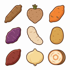 Cute Root Vegetables Icons Collection – Cassava, Yam, Potato, Sweet Potato, Tuber Clipart Set