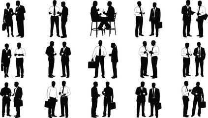 Silhouette, business, professional, communication, meeting, collaboration, handshake, mobile, coffee, document, posture, office, corporate, teamwork, interaction, black, white, illustration, concept