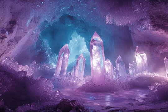 An enchanting crystal cave illuminated by mystical purple and blue light, featuring giant glowing quartz formations and shimmering reflective pools. - Powered by Adobe