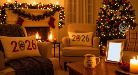Cozy christmas living room with fireplace and tree celebrating 2026