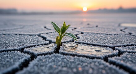 Tiny green sprout breaks through cracked frozen ground at sunrise