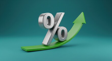 Silver percentage symbol rises upward on a green arrow
