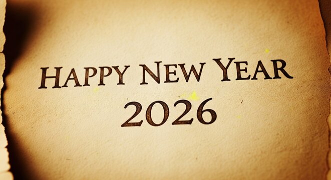 Happy new year 2026 text on aged parchment paper - Powered by Adobe