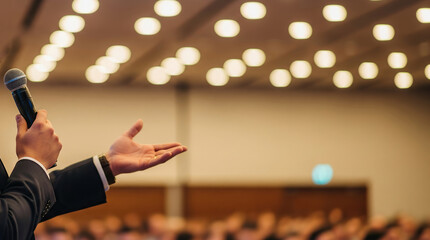 Speaker gesturing while holding microphone addressing audience in conference hall