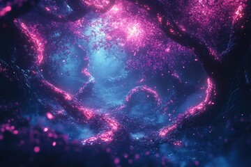 An ethereal fantasy forest bathed in vibrant pink and blue light, featuring glowing vines and sparkling flora creating a magical, otherworldly atmosphere.