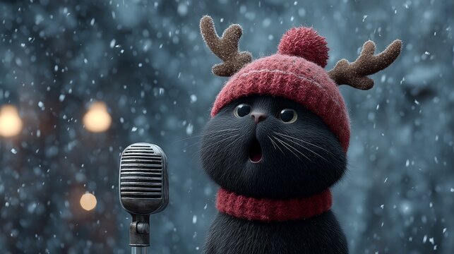 Cute cat wearing reindeer antler Christmas hat, singing in front of microphone, notes fluttering, Christmas concert, music festival party