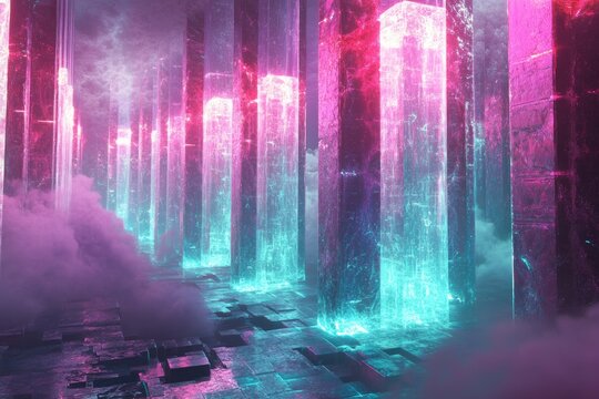 A futuristic cityscape of glowing pink and blue pillars shrouded in mystical fog, creating an ethereal, cyberpunk atmosphere.