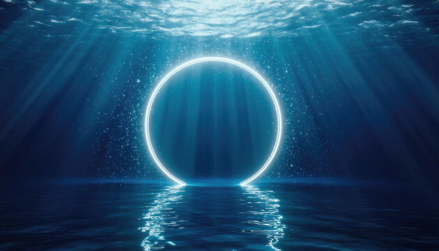Ultra-detailed underwater scene featuring a bright, glowing, circular neon portal ring floating on the seabed in the deep blue ocean. Dramatic sunbeams penetrate the surface, reflecting on the watery