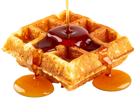 Waffle with maple syrup pouring on it isolated on white background, transparent PNG - Powered by Adobe