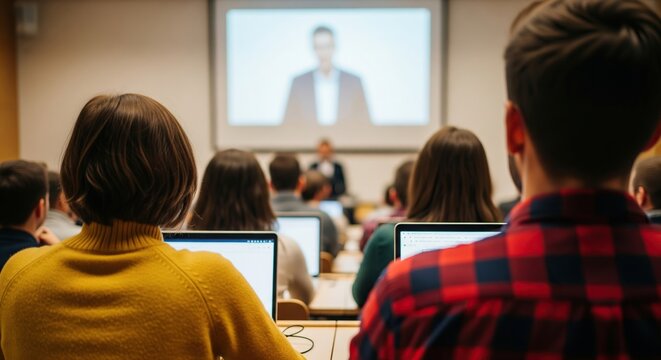 Students in a lecture hall watching a presentation on a large screen