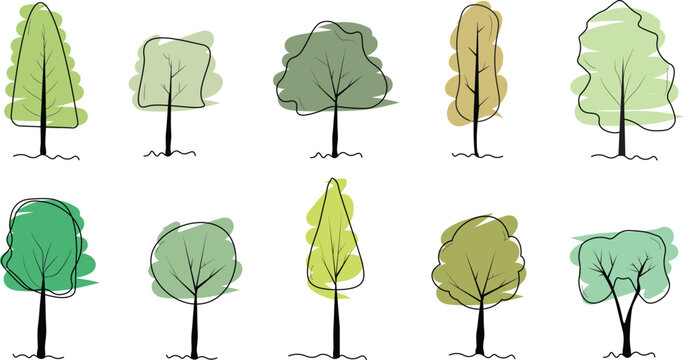 Stylised Hand-Drawn Tree Icon Set &ndash; Green Foliage Vector Pack - artistic watercolor trees for doodle journal, landscape architecture, environmental design, ecology presentations