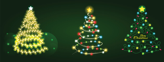 A festive Christmas lights illustration featuring three glowing decorative trees with vibrant ornaments, sparkling effects, and a warm holiday atmosphere.