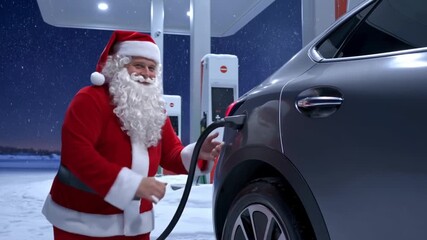 Santa Claus charging his electric car at a winter station. A forward-thinking and eco-friendly Christmas travel scene.