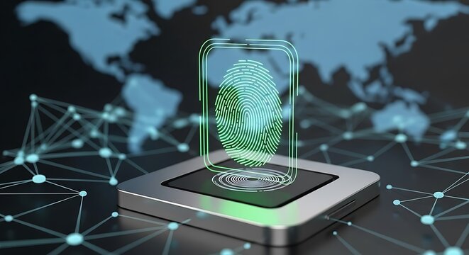Green Fingerprint Scan on Silver Platform with World Map Background