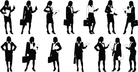 Silhouette, businesswoman, professional, posture, gesture, briefcase, tablet, folder, standing, walking, attire, office, corporate, black, white, illustration, concept, figure, workplace, activity