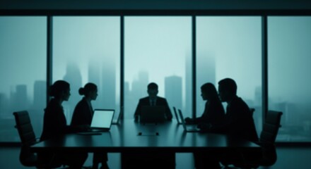 Silhouetted business people meeting around a table in a modern office