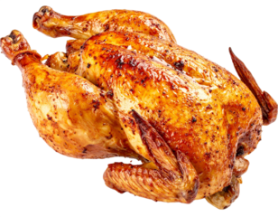 Roasted chicken isolated on white background, transparent PNG