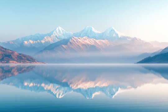 Serene landscape of snow-capped mountains reflecting perfectly in a tranquil, misty lake under a clear, pale sky, highlighting natural grandeur.