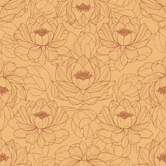 Seamless pattern of intricate lotus flowers in a warm, inviting hue, perfect for elegant textile design or artistic backgrounds