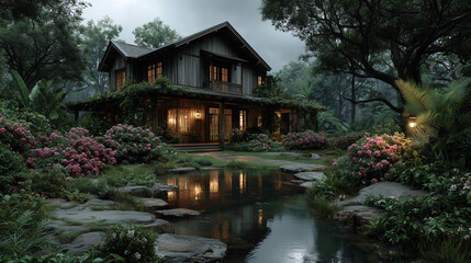 Obraz premium Large wooden classic house with small garden and pool in front of the house.