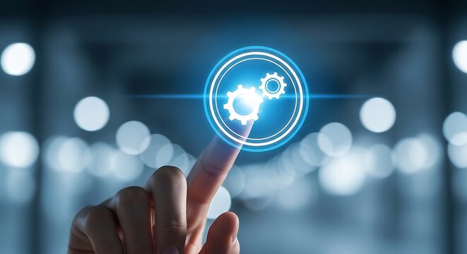 Finger Touching Glowing Gears Icon on Blue Bokeh Background