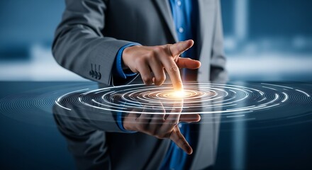 Finger Touching Glowing Concentric Circles on Reflective Surface