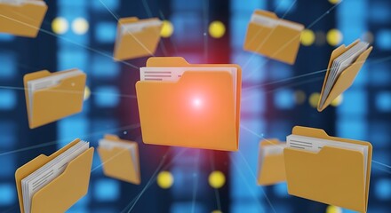 Floating Yellow File Folders on Blue Background with Yellow Spheres