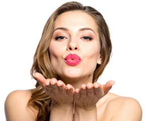 Woman blowing a kiss isolated on white background, transparent PNG