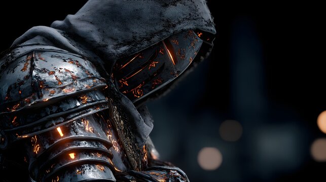 Heavily armored figure wears a dark cowl and metallic armor glowing with internal fire