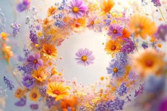 Vibrant, ethereal spring flowers form a circular wreath, showcasing a delightful mix of pastel purples, oranges, yellows, and blues around a central bloom.