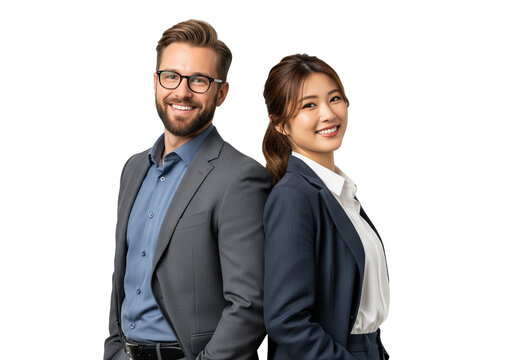Business people standing back to back, caucasian guy and an asian woman confident pose