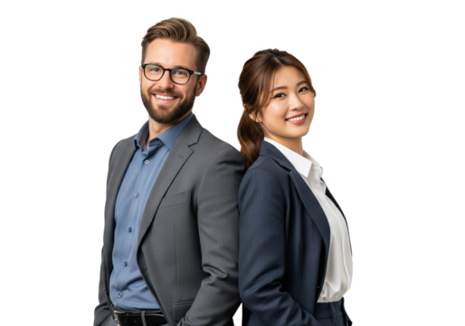 Business people standing back to back, caucasian guy and an asian woman confident pose