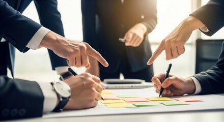 Business team collaborating and pointing at strategy on a table
