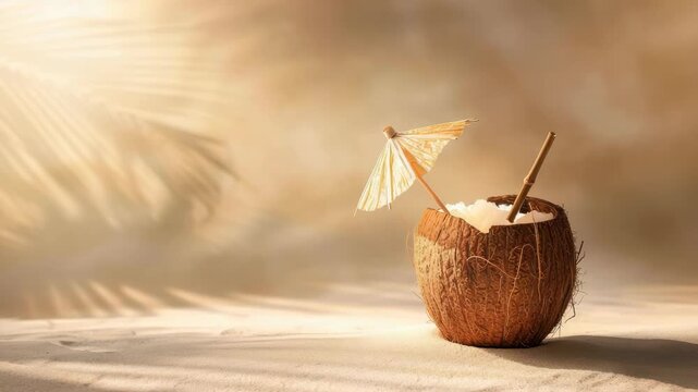 Refreshing coconut drink on beach under sun