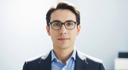 Professional young man with glasses and formal attire in bright