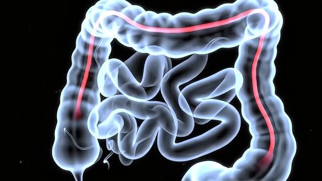 Medical illustration showing the human large and small intestines in an X-ray style view with a highlighted path.