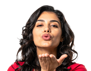 Woman blowing a kiss isolated on white background, transparent PNG
