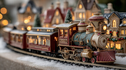 christmas village model train scene, old steam train