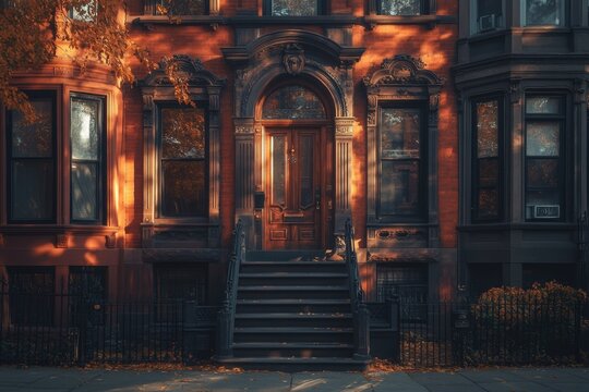 An elegant brick brownstone building facade in warm autumn light, featuring an ornate arched entrance, grand steps, and reflective windows.