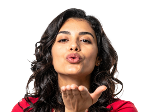 Woman blowing a kiss isolated on white background, transparent PNG