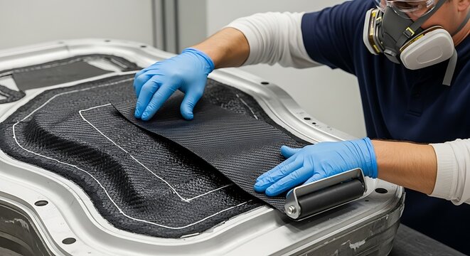 Carbon Fiber Layup Process with Blue Gloves and Safety Mask