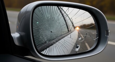 Broken Car Side Mirror with Cracks and Road Reflection