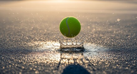 Padel ball bouncing on wet court after light rain, droplets splashing, early morning sunlight reflection