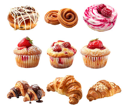 Variety of sweet pastries including cupcakes, cinnamon rolls, and croissants isolated on white background, concept of bakery treats - Powered by Adobe