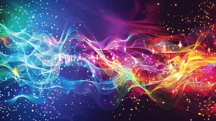 This abstract artwork features a colorful digital wave pattern combined with geometric shapes that evoke a sense of motion and energy. Ideal for various creative projects.