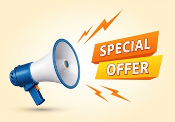 Megaphone announcing a special offer with lightning bolts and bright colors