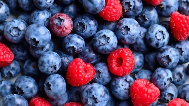 Fresh blueberries and raspberries closeup.