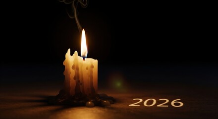 Burning candle with smoke and the year 2026 in golden text
