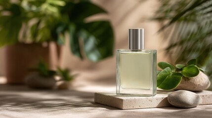 Elegant glass perfume bottle placed on natural stone with greenery in the background, capturing the essence of luxury and sophistication in fragrance design