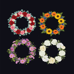 Different types of exotic flowers decorative botanical sticker in black background.